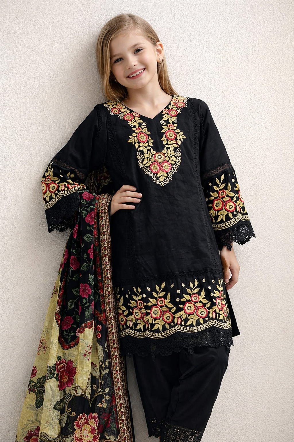 Cotton Embroidery Kurti Set 1429 Black