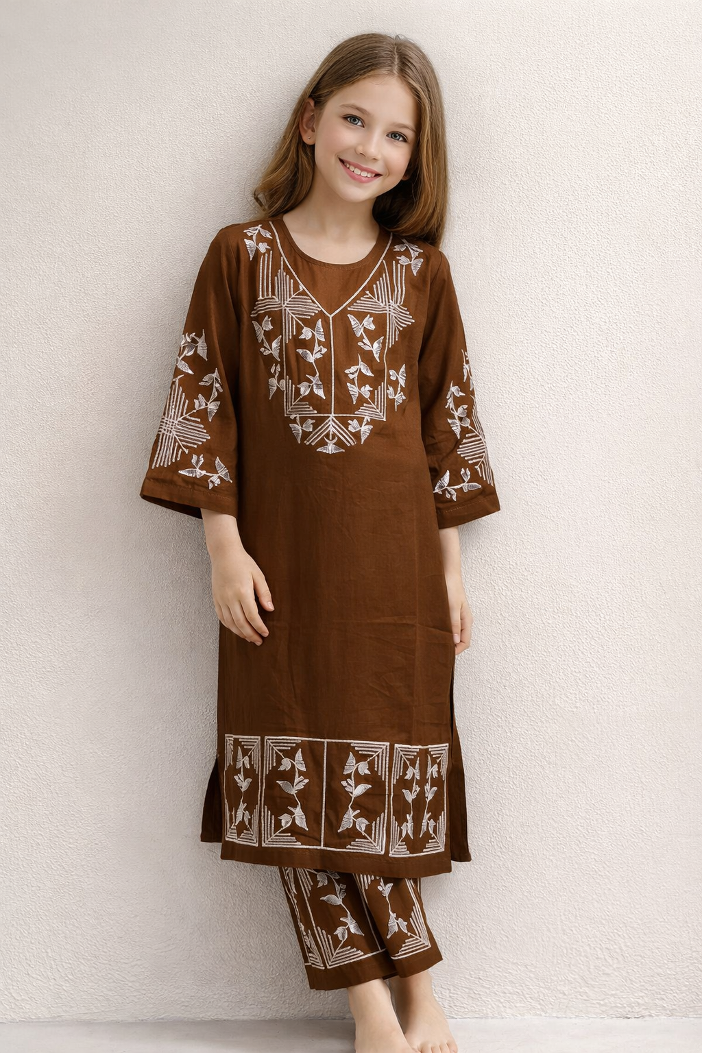 Cotton Embroidery Kurti Set 1430 Brown
