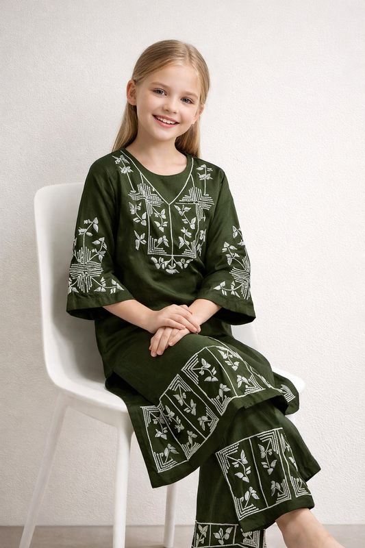 Cotton Embroidery Kurti Set 1431 Green