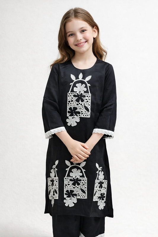 Cotton Embroidery Kurti Set 1432 Black