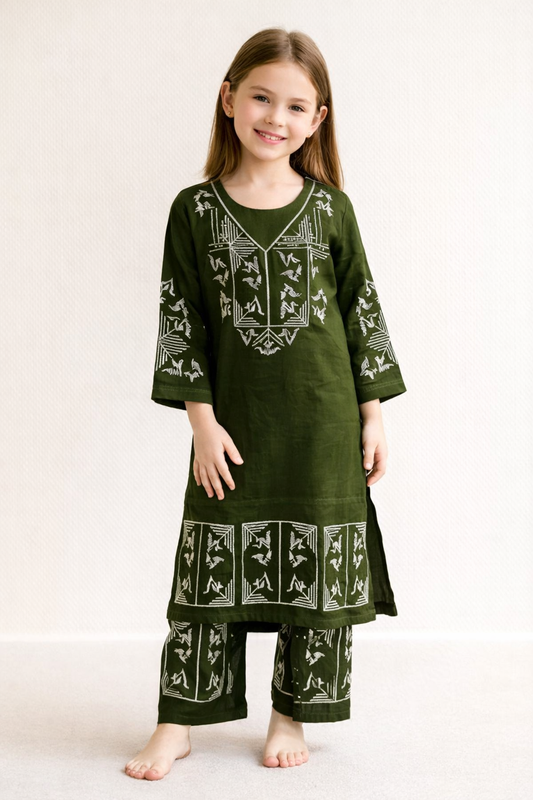 Cotton Embroidery Kurti Set 1431 Green