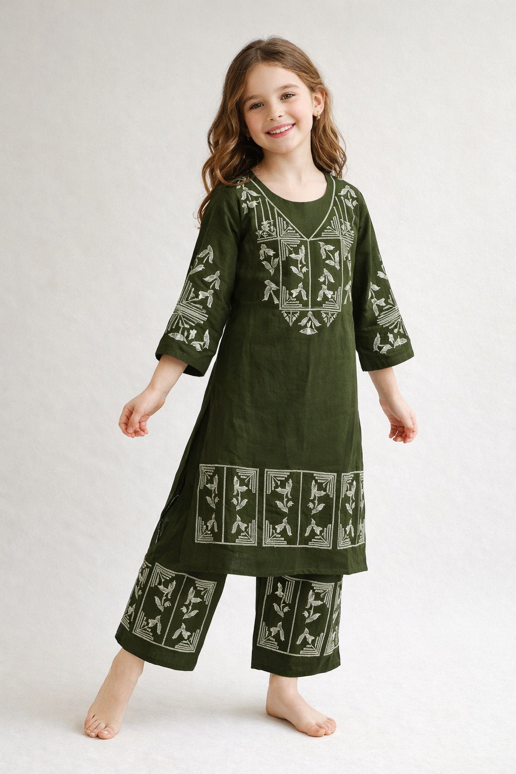 Cotton Embroidery Kurti Set 1431 Green
