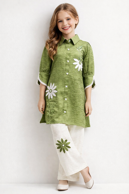 Georgette Flower Work Cord Set 2021 Green