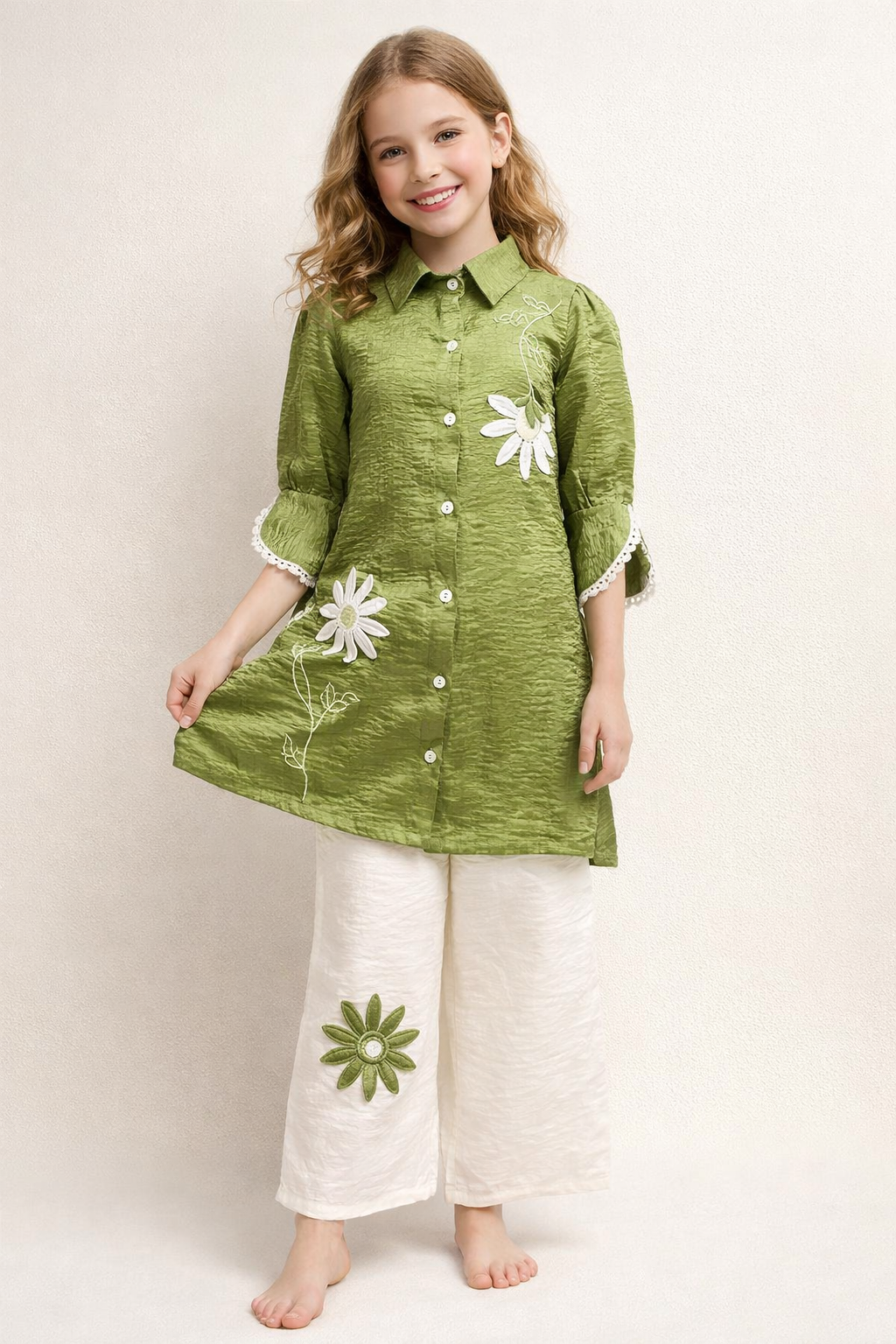 Georgette Flower Work Cord Set 2021 Green