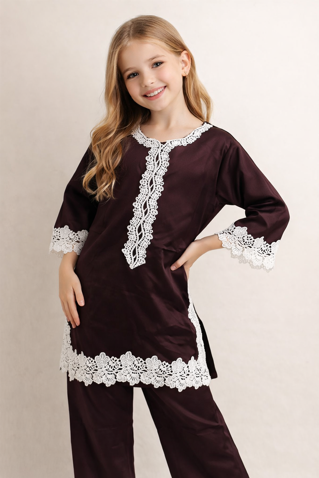 Cotton Lace Work Kurti Set 1446 Brown