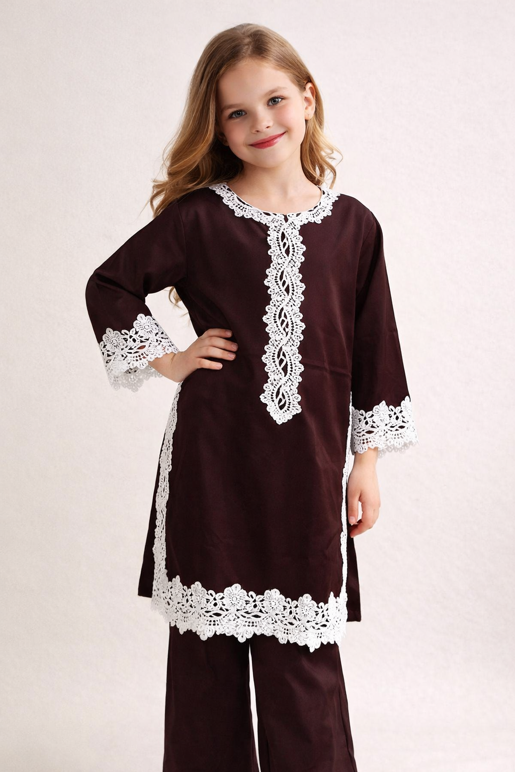 Cotton Lace Work Kurti Set 1446 Brown