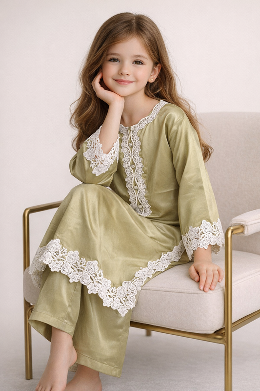 Cotton Lace Work Kurti Set 1447 Green