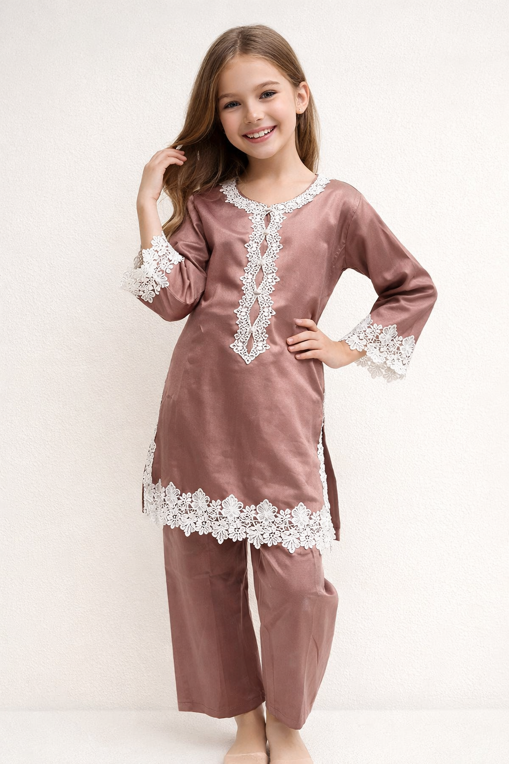 Cotton Lace Work Kurti Set 1448 Light Brown