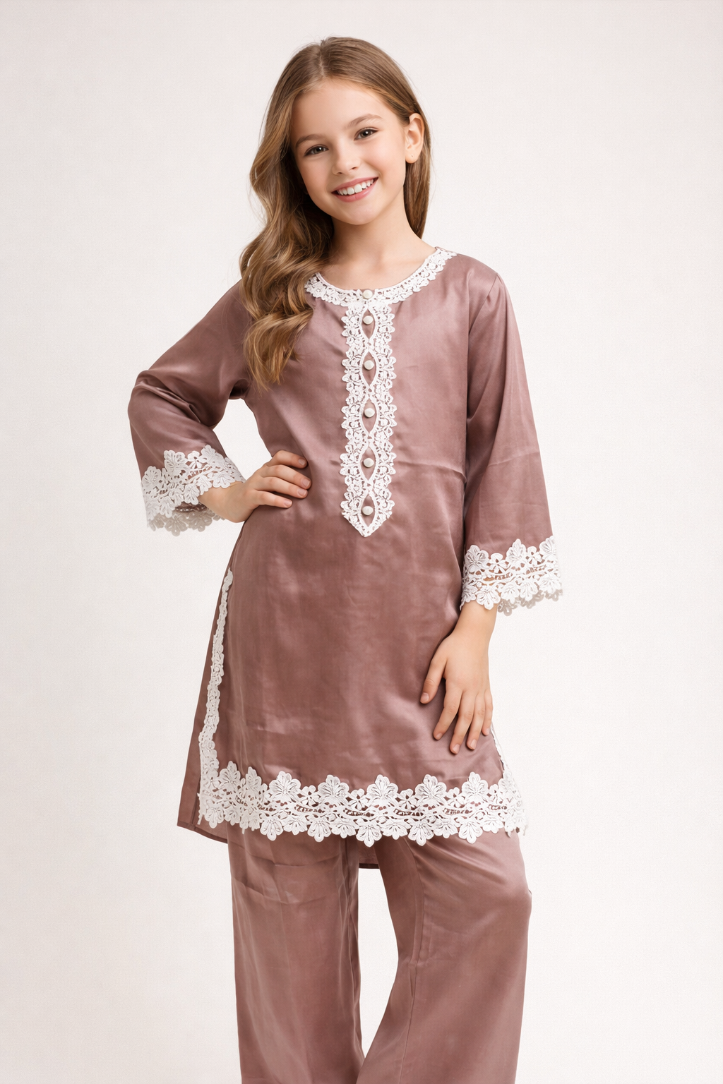 Cotton Lace Work Kurti Set 1448 Light Brown