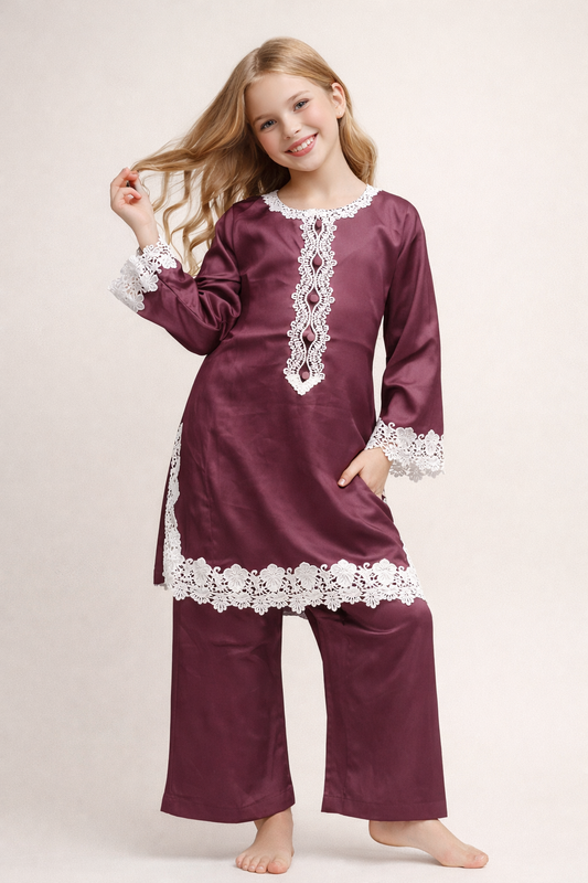 Cotton Lace Work Kurti Set 1449 Wine
