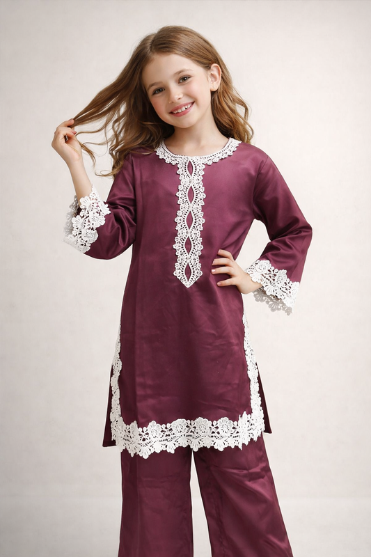 Cotton Lace Work Kurti Set 1449 Wine