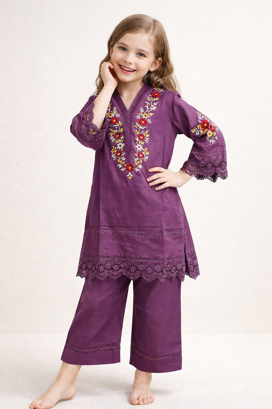 Cotton Embroidery Kurti set 1451 Purple