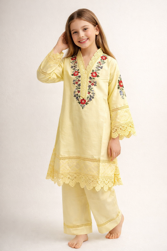 Cotton Embroidery Kurti set 1452 Yellow