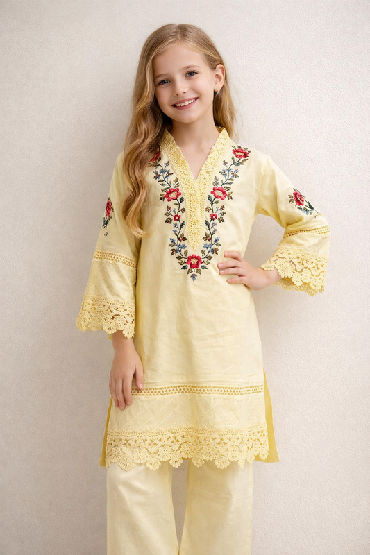 Cotton Embroidery Kurti set 1452 Yellow