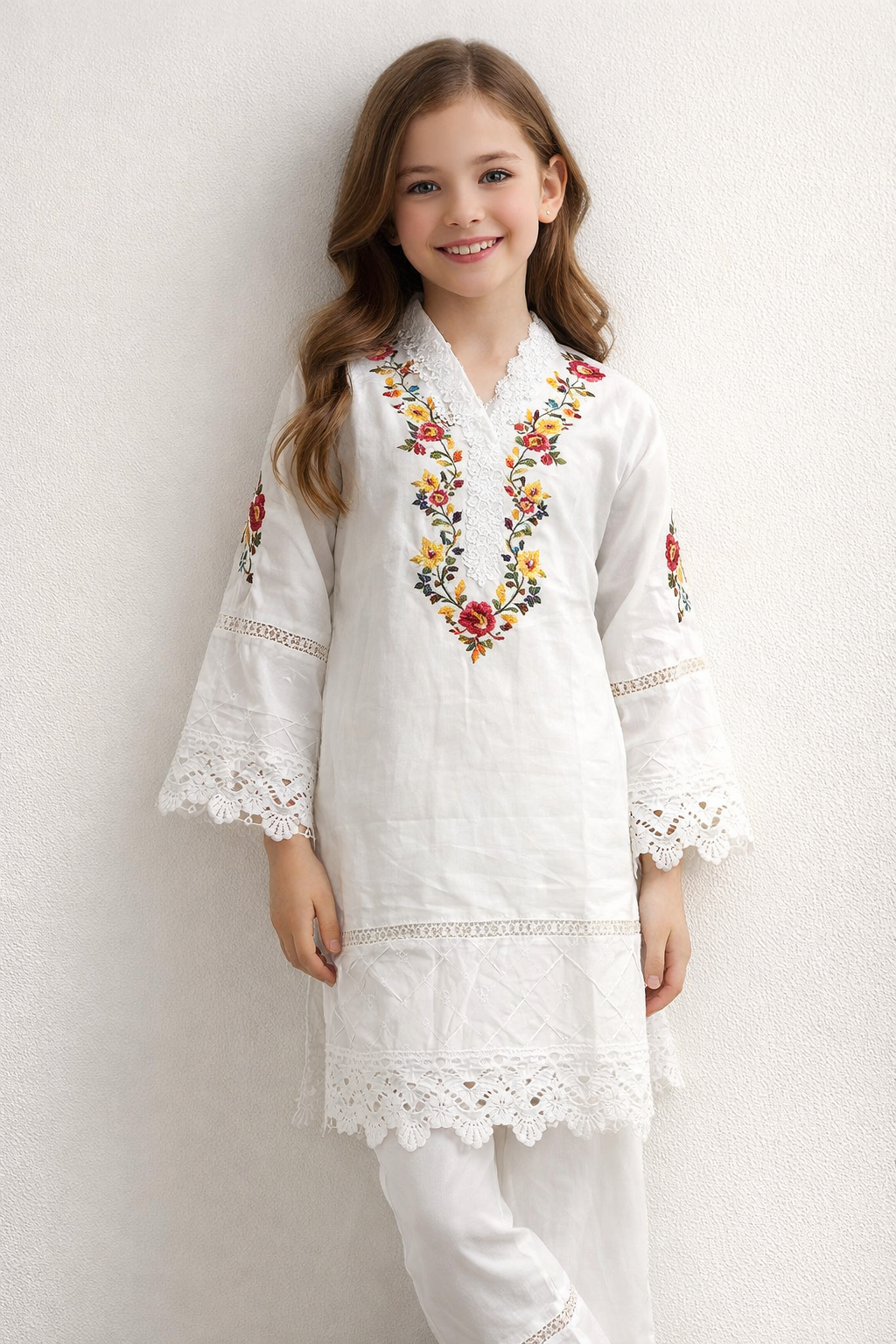 Cotton Embroidery Kurti set 1453 White