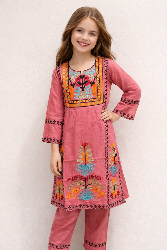 Cotton Embroidery Kurti Set 1455 Pink