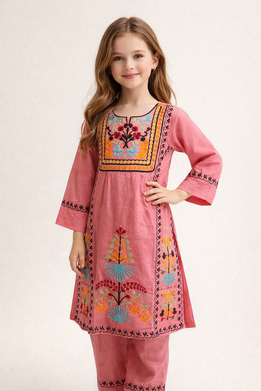 Cotton Embroidery Kurti Set 1455 Pink