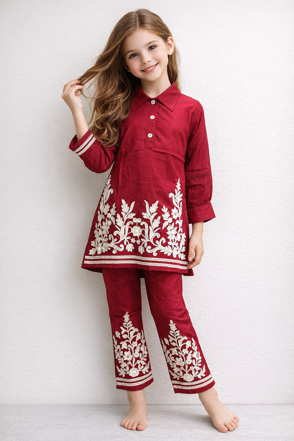 Cotton Embroidery Kurti Set 1456 Red