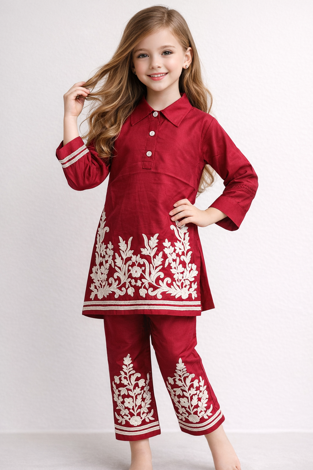 Cotton Embroidery Kurti Set 1456 Red