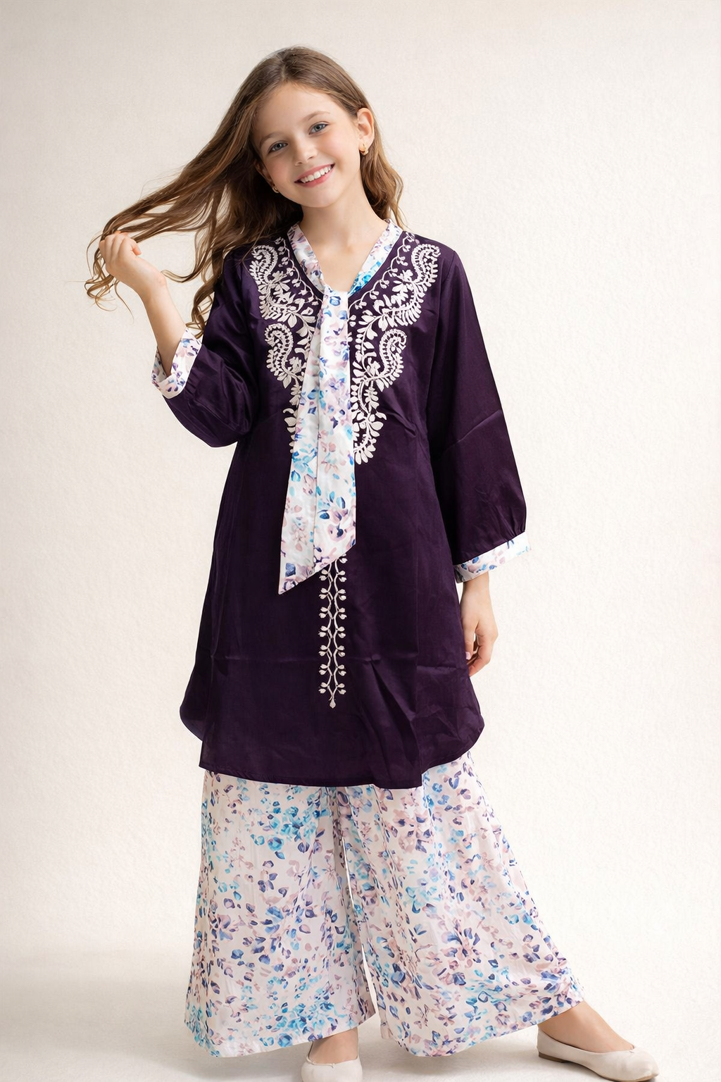 Cotton Embroidery Kurti Plazo Set 1459 Wine