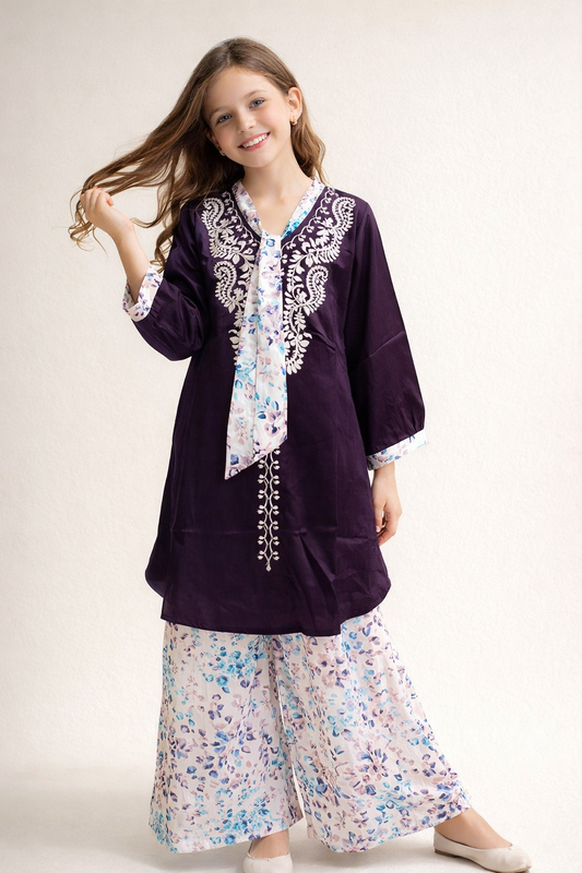 Cotton Embroidery Kurti Plazo Set 1459 Wine