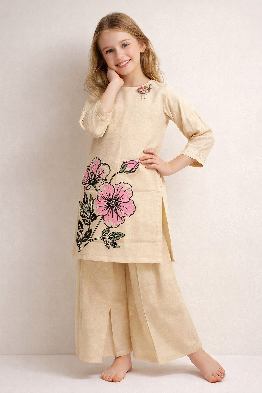 Cotton Printed Kurti Plazo Set 2007 Beige