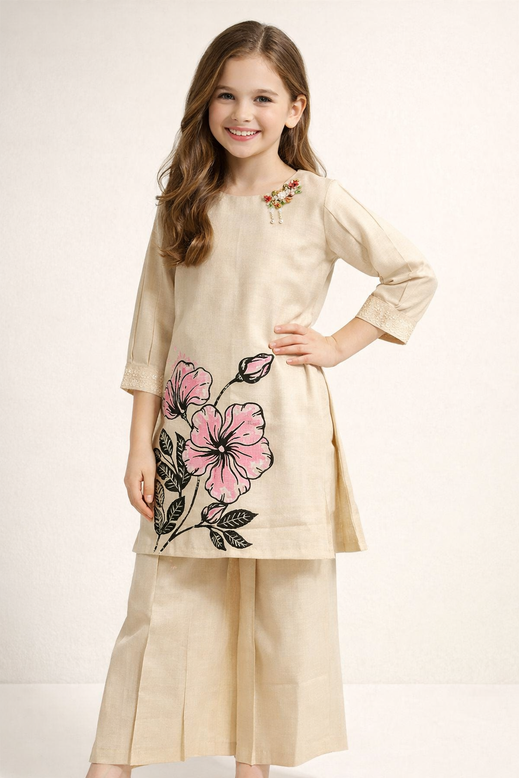 Cotton Printed Kurti Plazo Set 2007 Beige