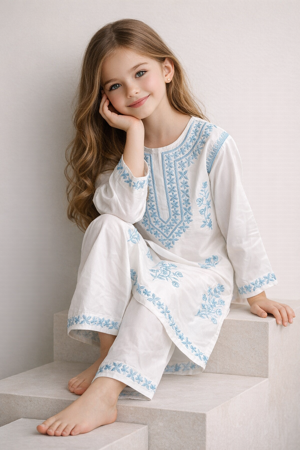 Cotton Embroidery Kurti set 1464 White