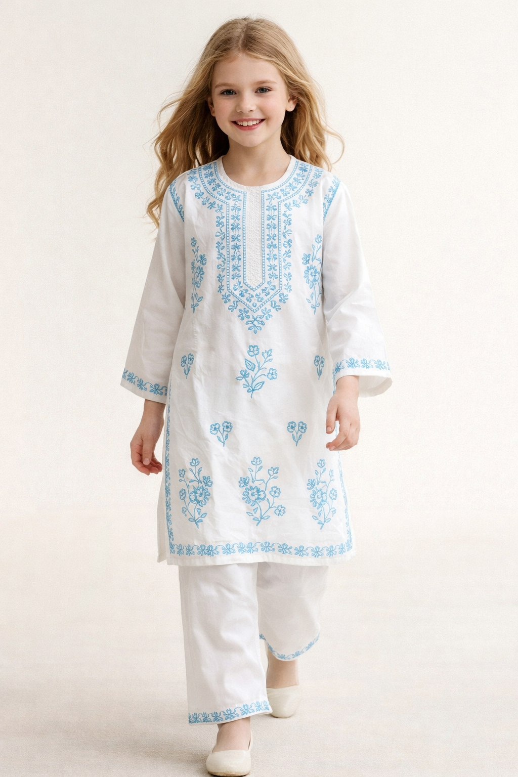Cotton Embroidery Kurti set 1464 White