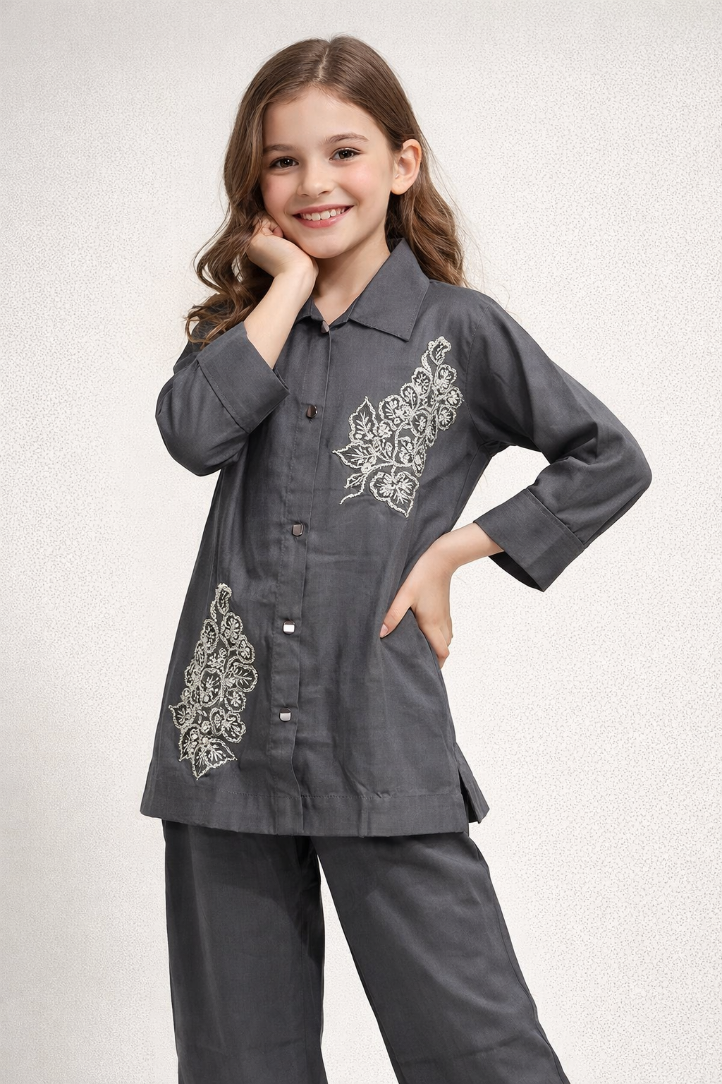Cotton Embroidery Kurti set 1468 Grey