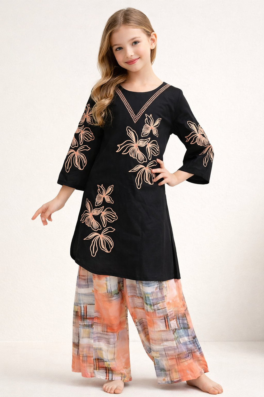 Cotton Embroidery Kurti Plazo set 1471 Black