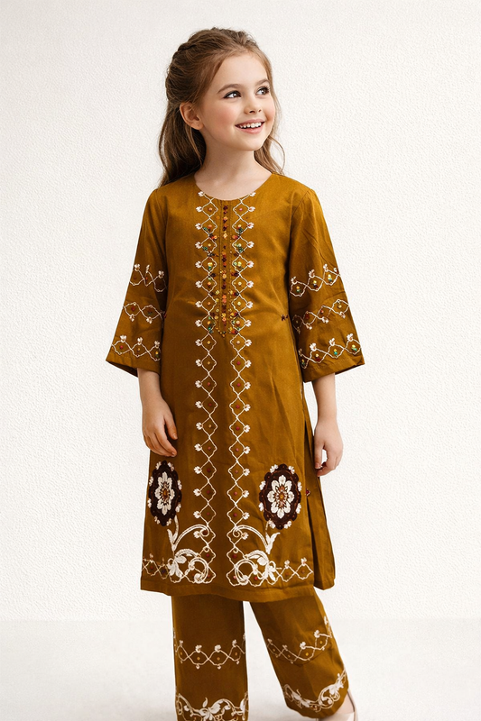 Cotton Embroidery Kurti set 1472 Brown