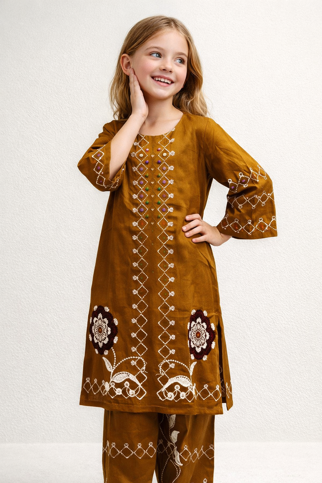 Cotton Embroidery Kurti set 1472 Brown