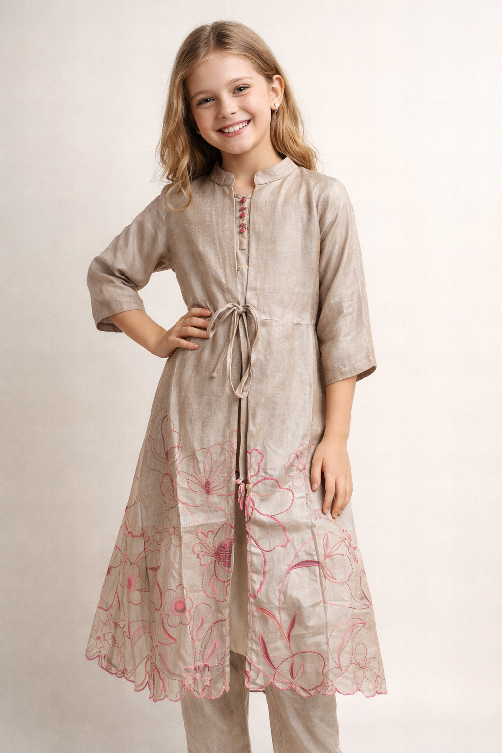 Cotton Embroidery Attach Jacket Kurti set 5361 Beige