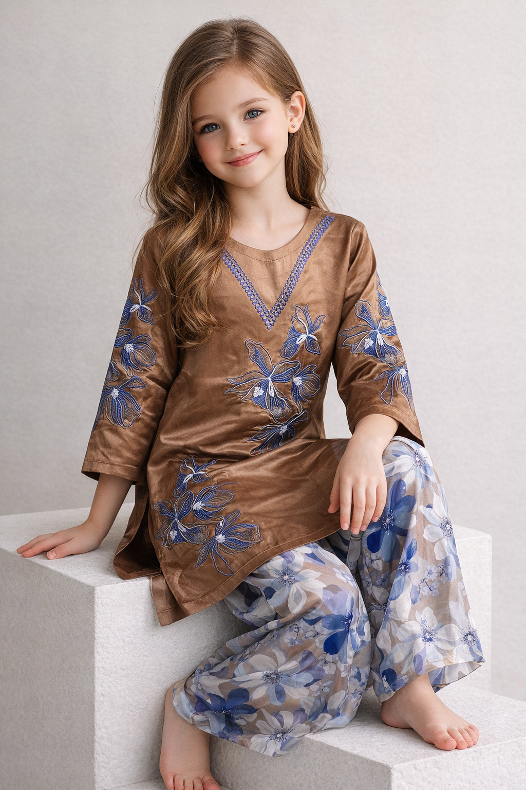 Cotton Embroidery Kurti Plazo Set 1475 Brown