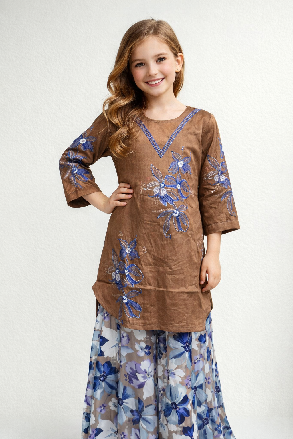 Cotton Embroidery Kurti Plazo Set 1475 Brown