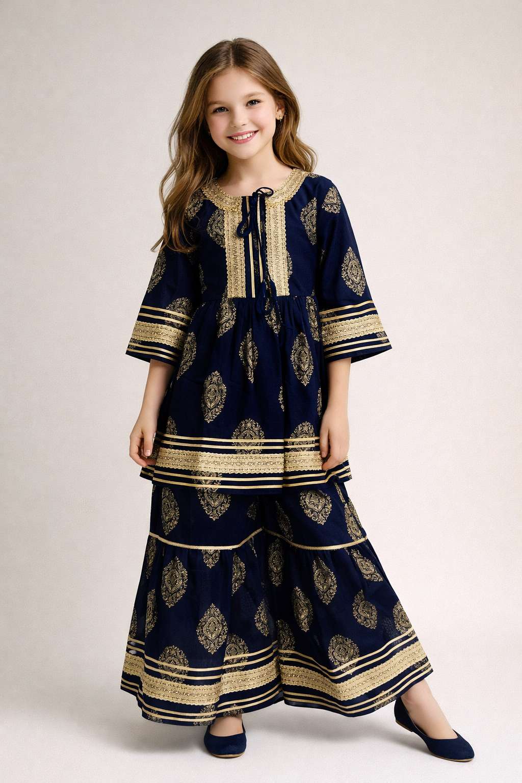 Cotton Printed Lace Work Gharara Set 1476 Navy Blue