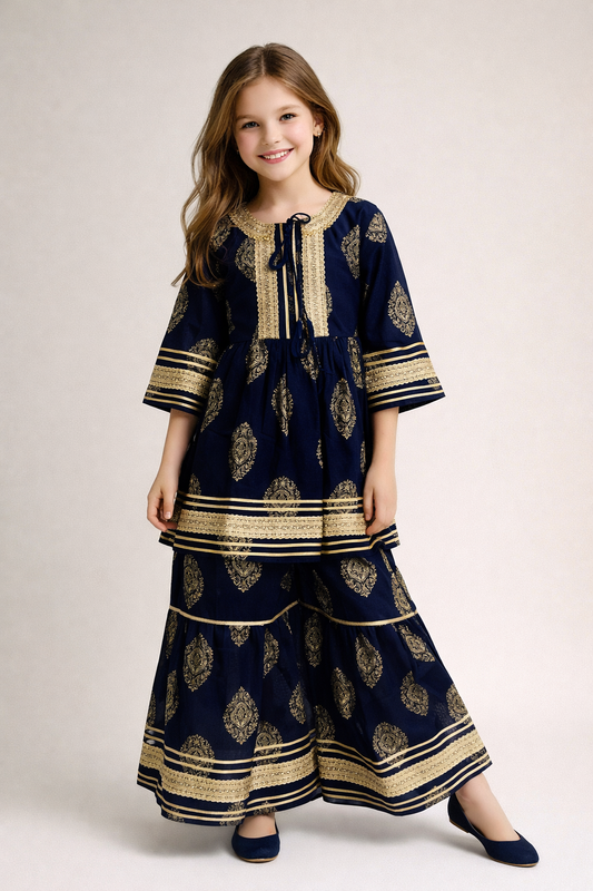 Cotton Printed Lace Work Gharara Set 1476 Navy Blue