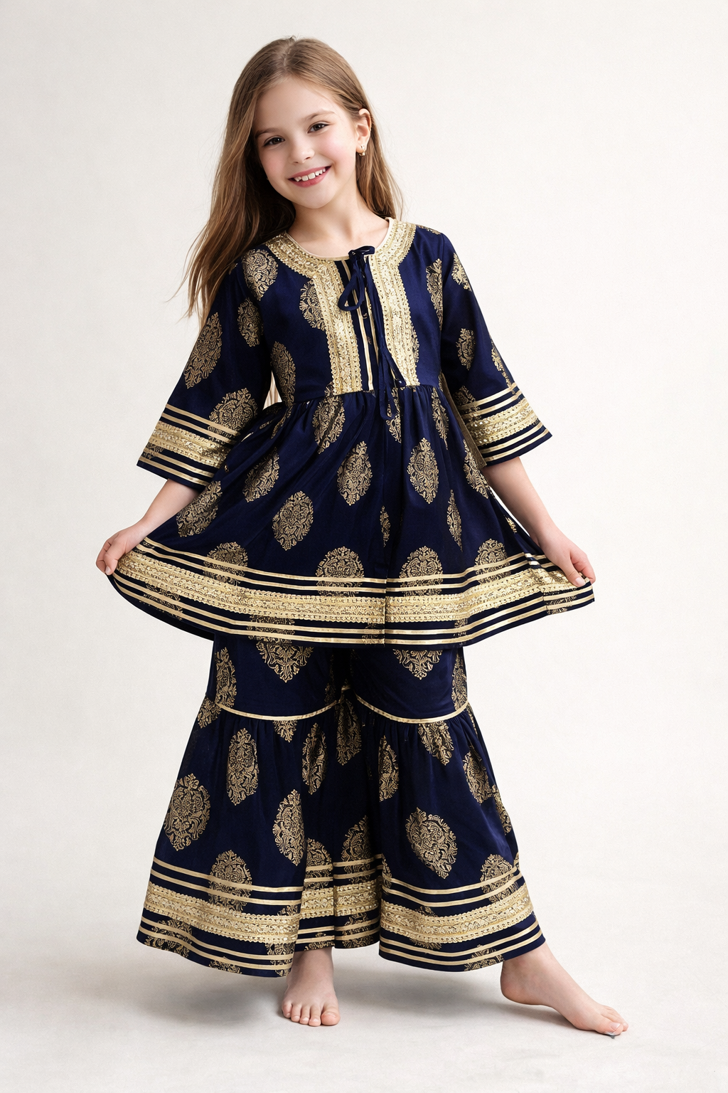Cotton Printed Lace Work Gharara Set 1476 Navy Blue