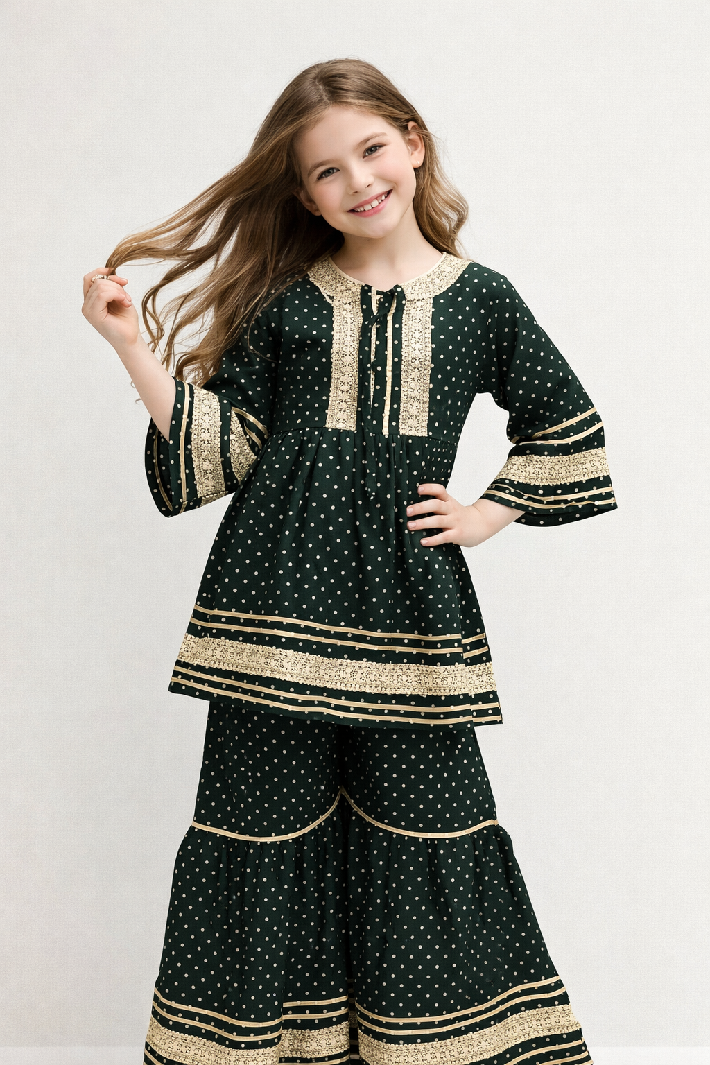 Cotton Printed Lace Work Gharara Set 1477 Green