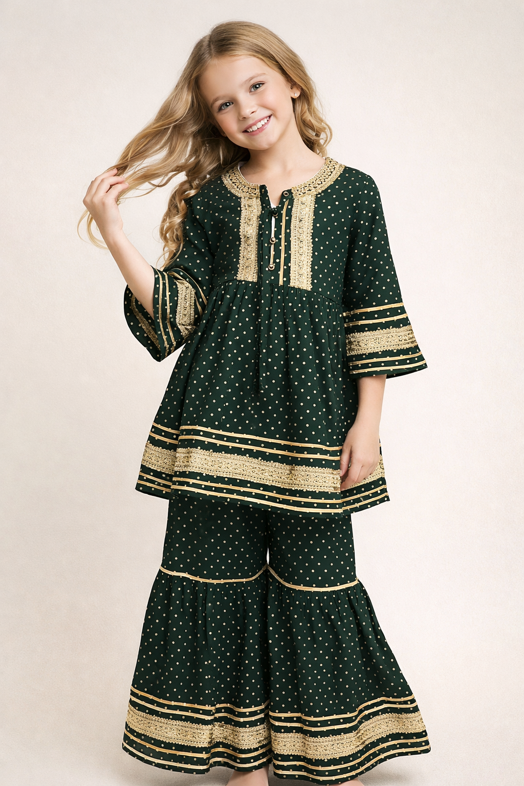 Cotton Printed Lace Work Gharara Set 1477 Green