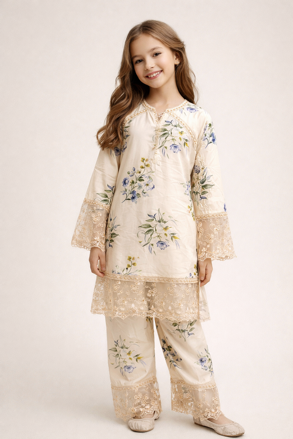 Cotton Printed Lace Work Kurti Set 1481 cream