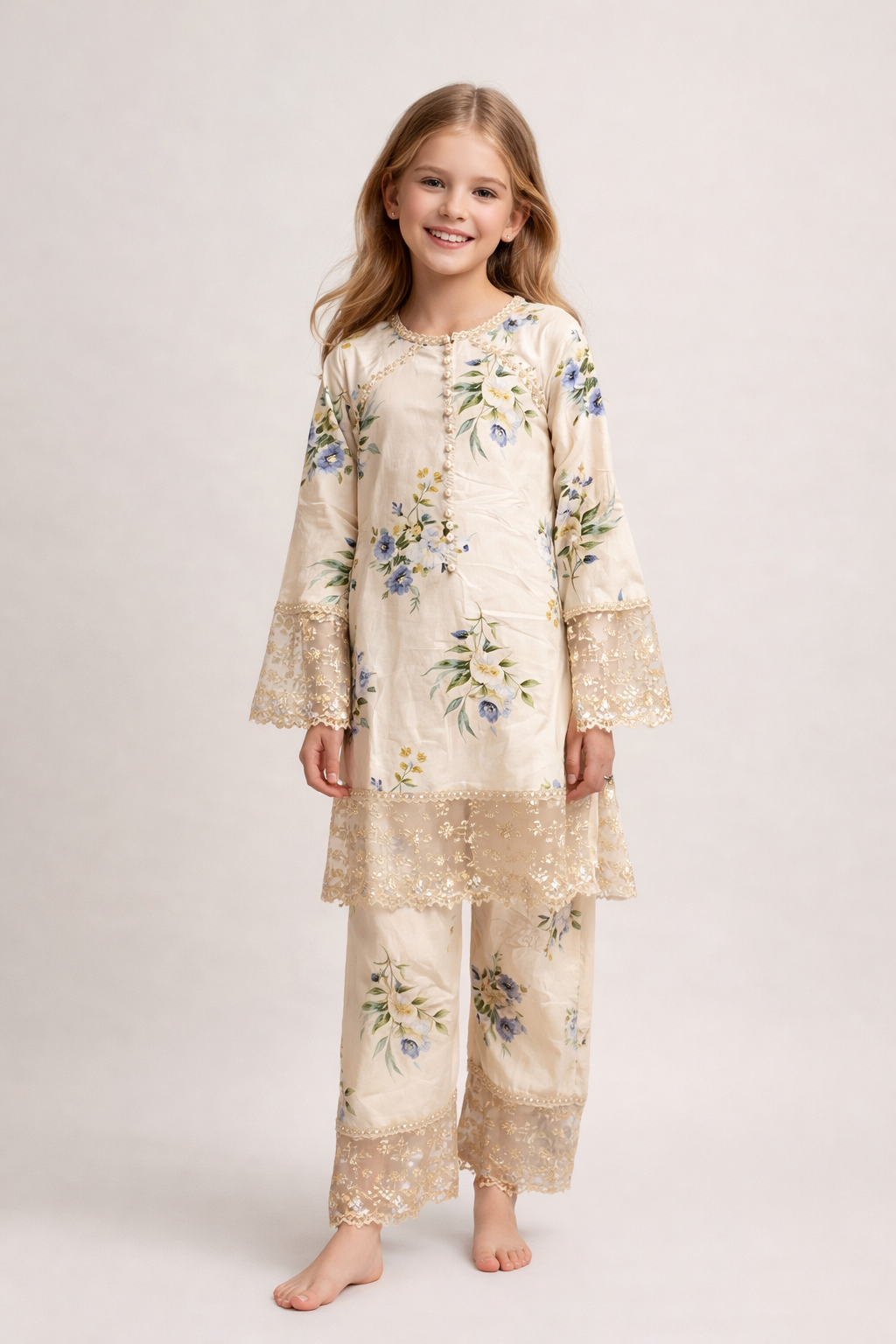 Cotton Printed Lace Work Kurti Set 1481 cream
