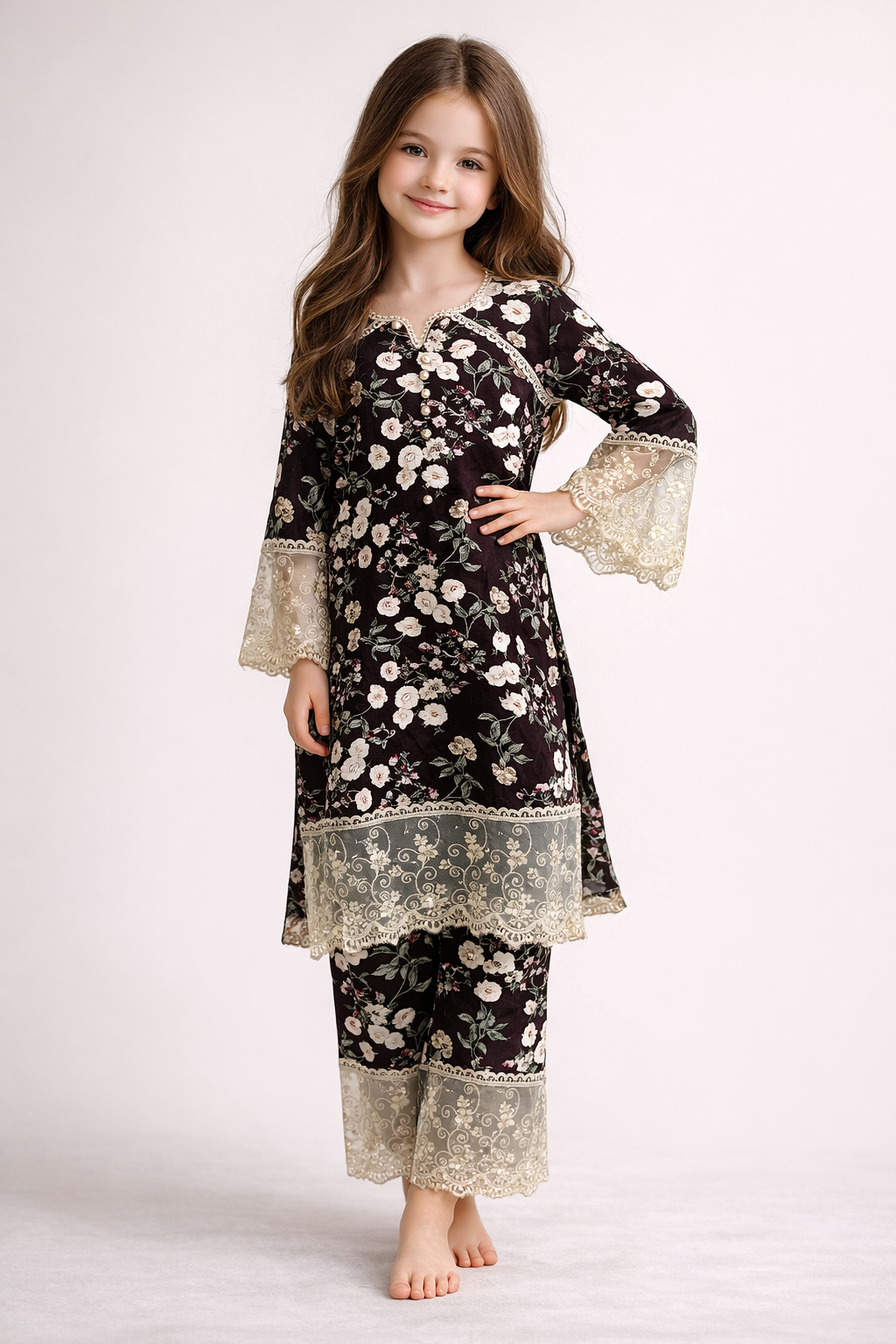 Cotton Printed Lace Work Kurti set 1482 Black