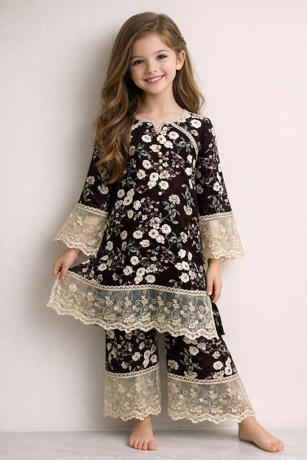 Cotton Printed Lace Work Kurti set 1482 Black