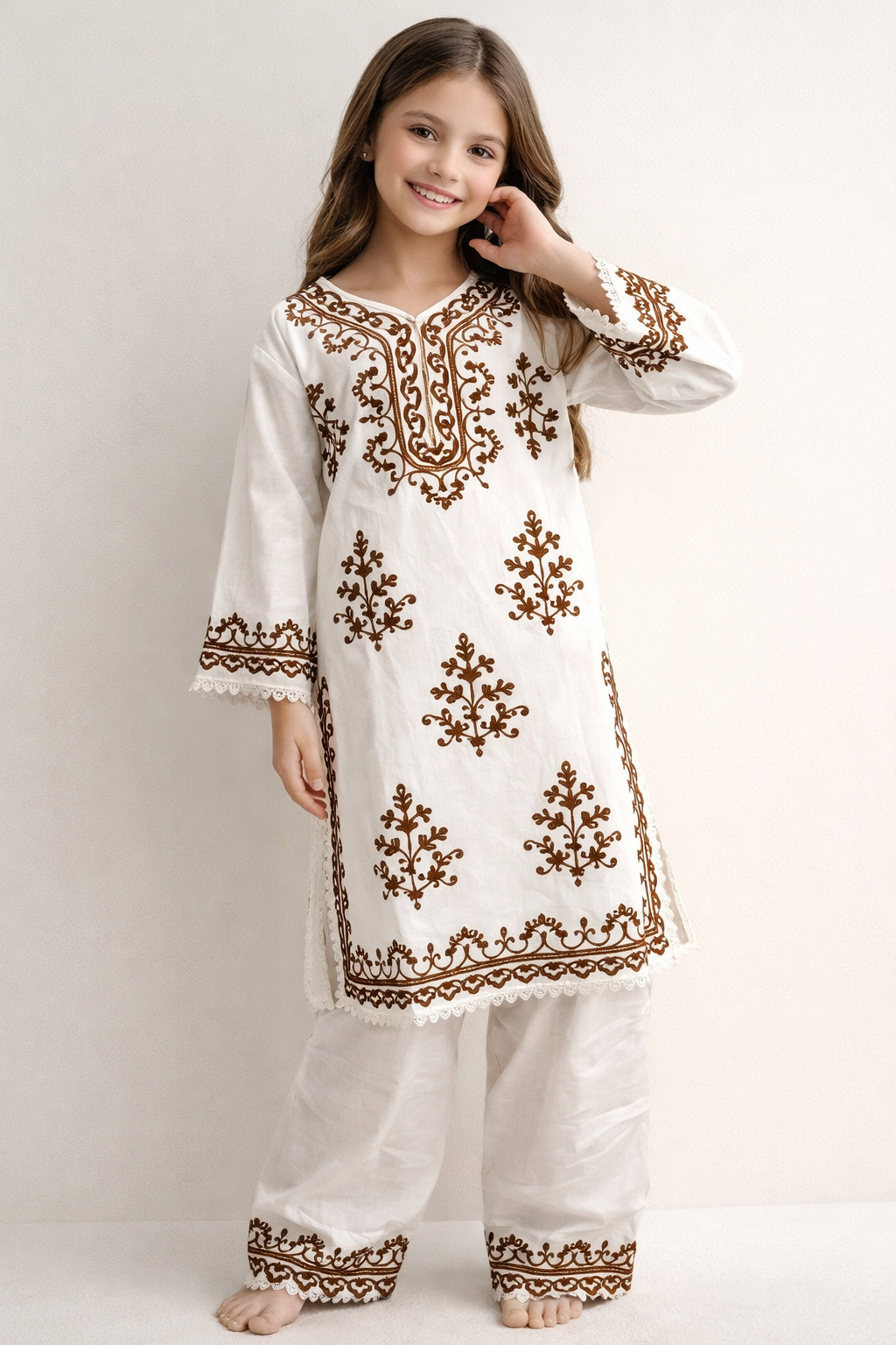 Cotton Embroidery Kurti Set 1484 White