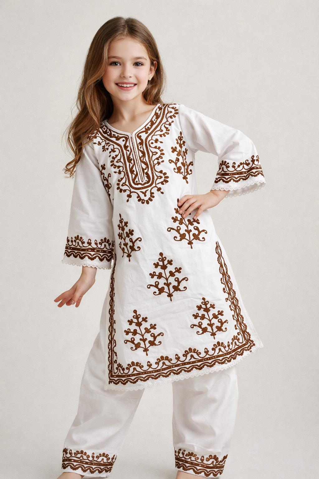 Cotton Embroidery Kurti Set 1484 White