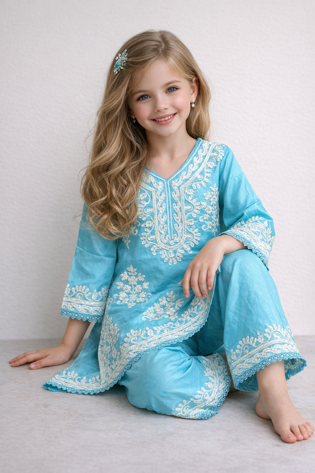 Cotton Embroidery Kurti Set 1487 Sky Blue