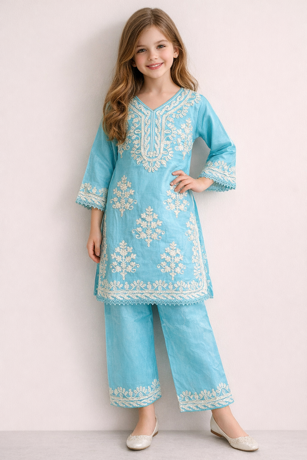 Cotton Embroidery Kurti Set 1487 Sky Blue