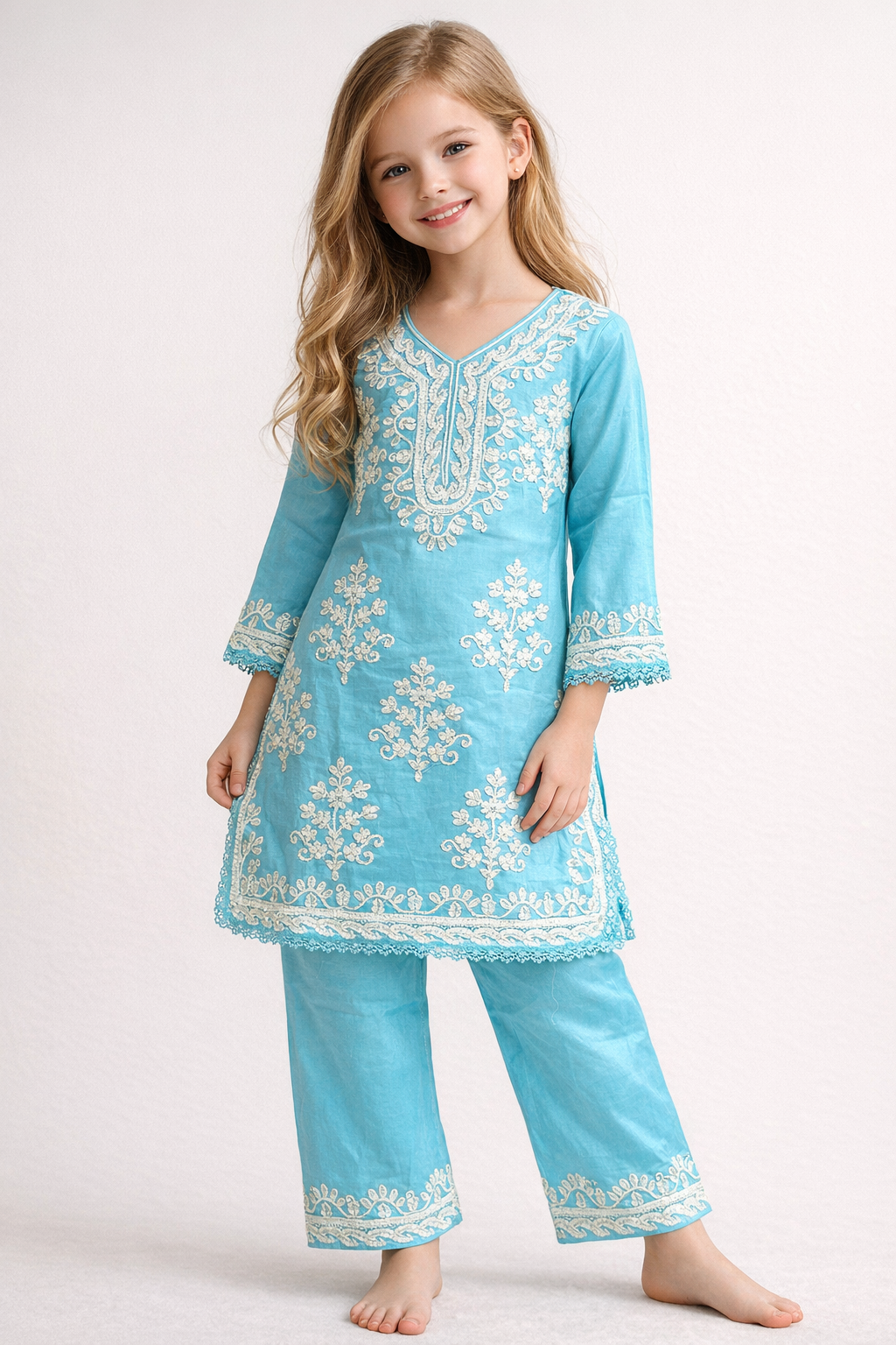 Cotton Embroidery Kurti Set 1487 Sky Blue